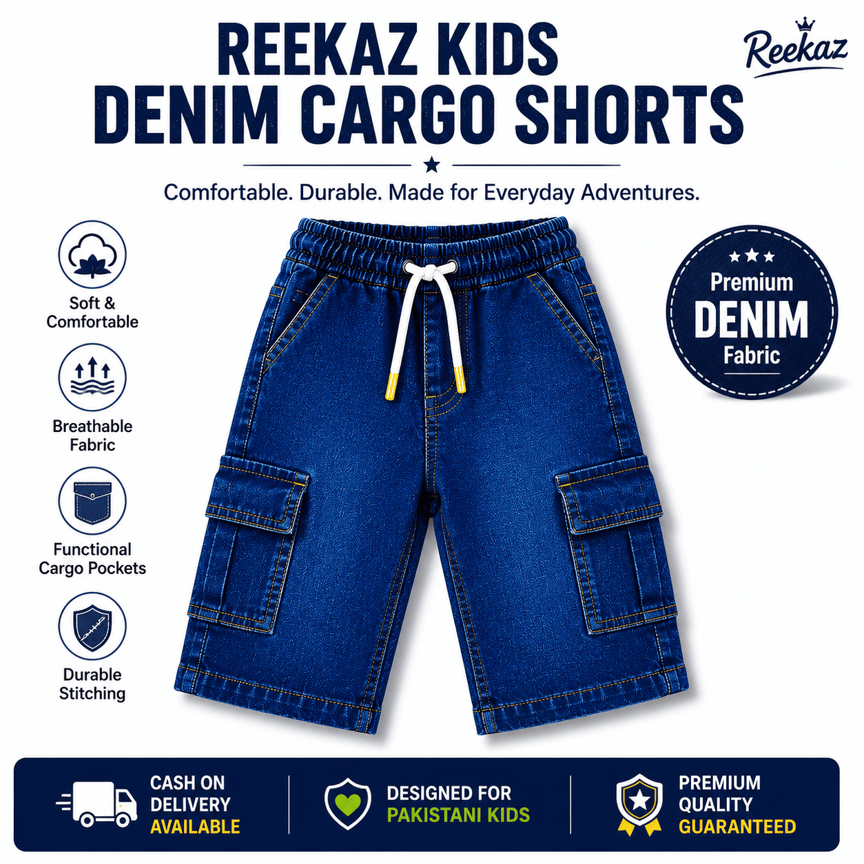 Reekaz Kids Royal Blue Denim Cargo Shorts | Soft & Comfortable Summer Shorts for Boys