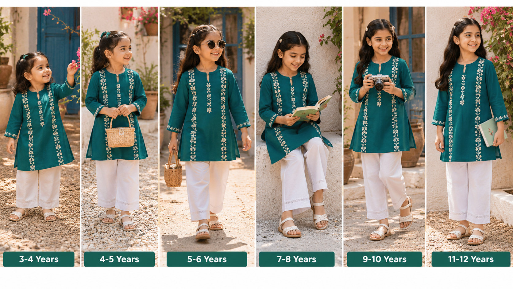 Reekaz Girls Emerald Green Embroidered Kurta | Premium Cotton Ethnic Wear | Ages 4–14 Years