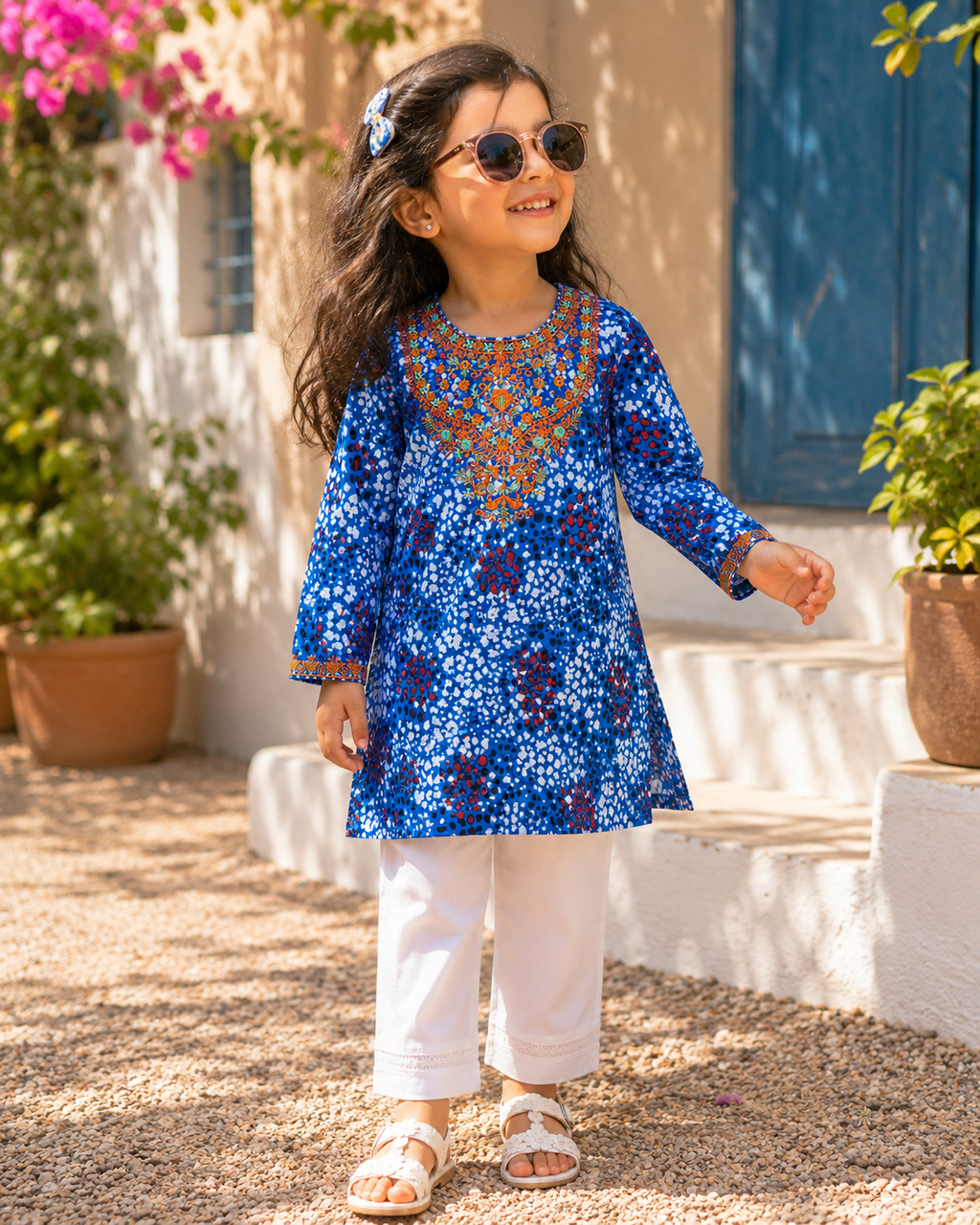 Reekaz Girls Embroidered Printed Kurta – Blue Multicolor Ethnic Cotton Kurti | 3-4 to 14 Years
