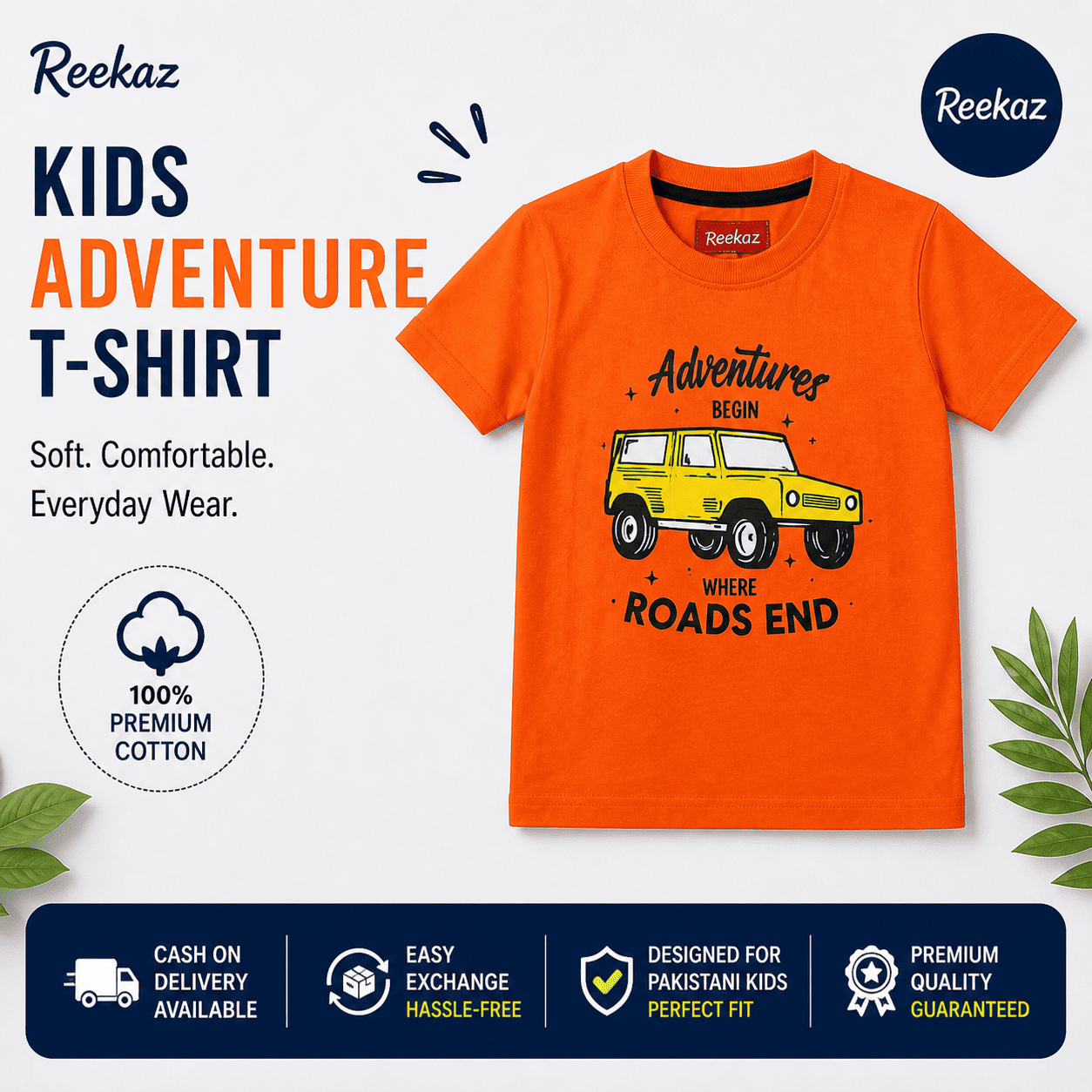 Reekaz Kids Adventure T-Shirt – Orange Cotton Graphic Tee, Soft & Breathable Daily Wear