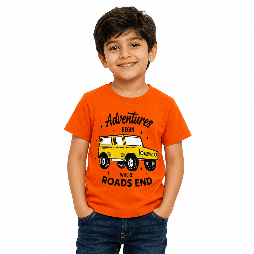 Reekaz Kids Adventure T-Shirt – Orange Cotton Graphic Tee, Soft & Breathable Daily Wear
