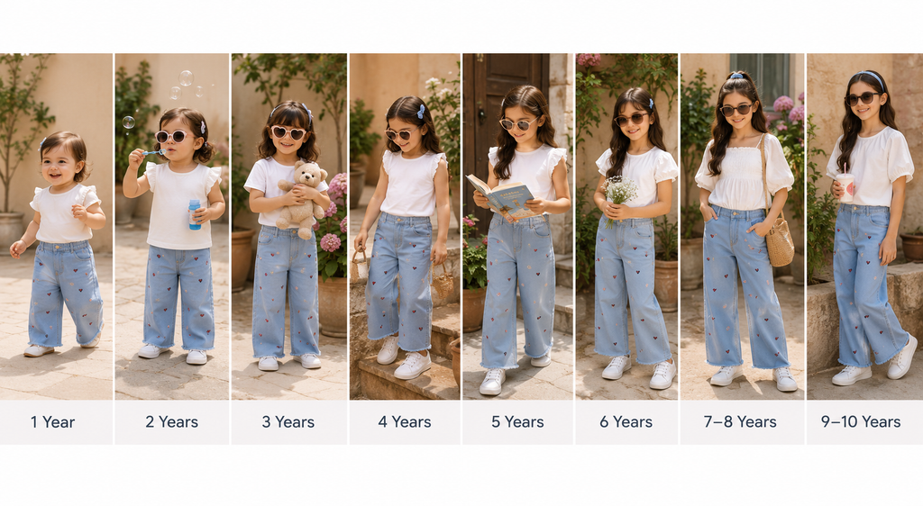 Reekaz Girls Light Blue Embroidered Wide Leg Denim Jeans | Soft Stretch Kids Pants | Ages 1–12 Years