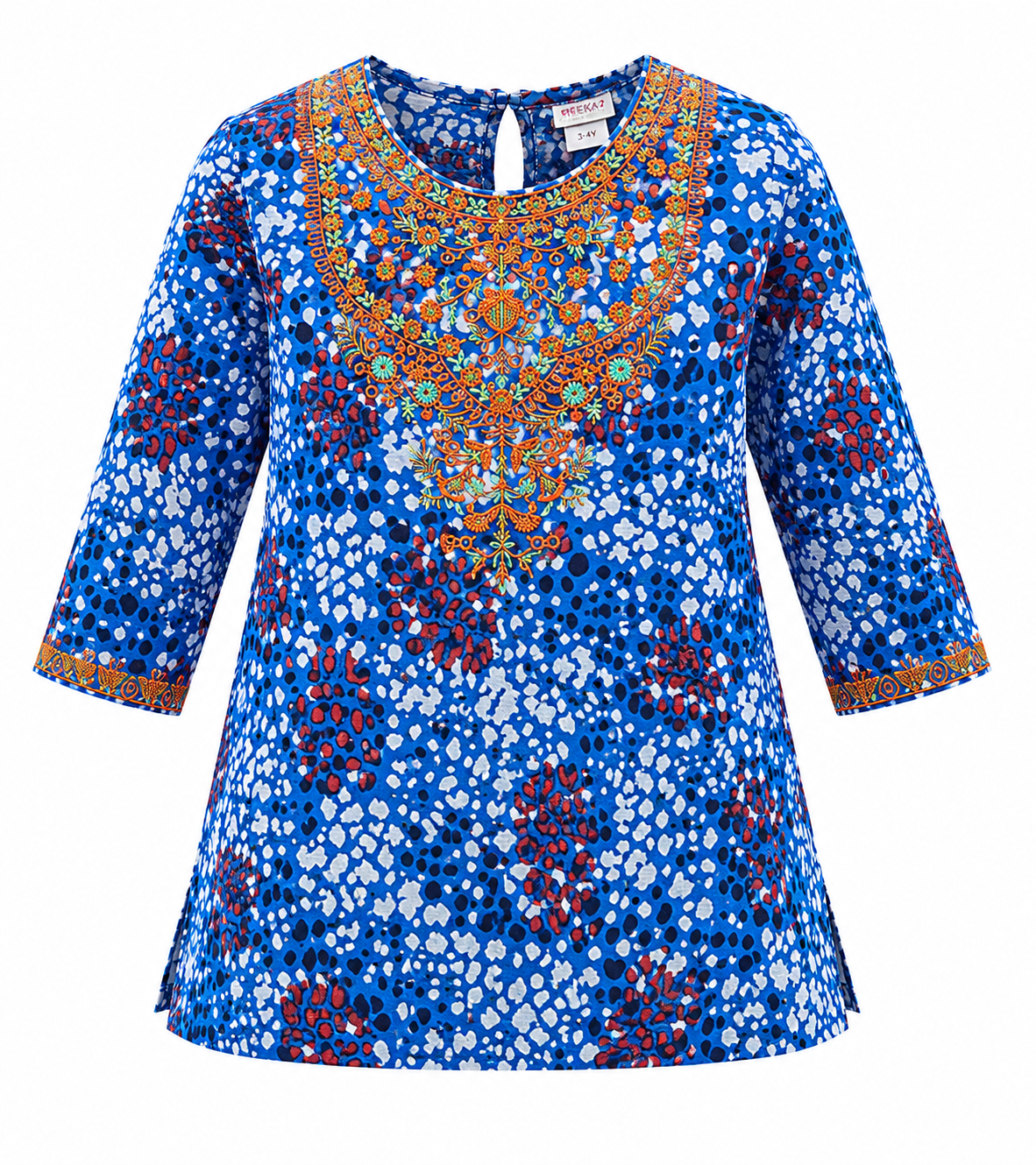 Reekaz Girls Embroidered Printed Kurta – Blue Multicolor Ethnic Cotton Kurti | 3-4 to 14 Years