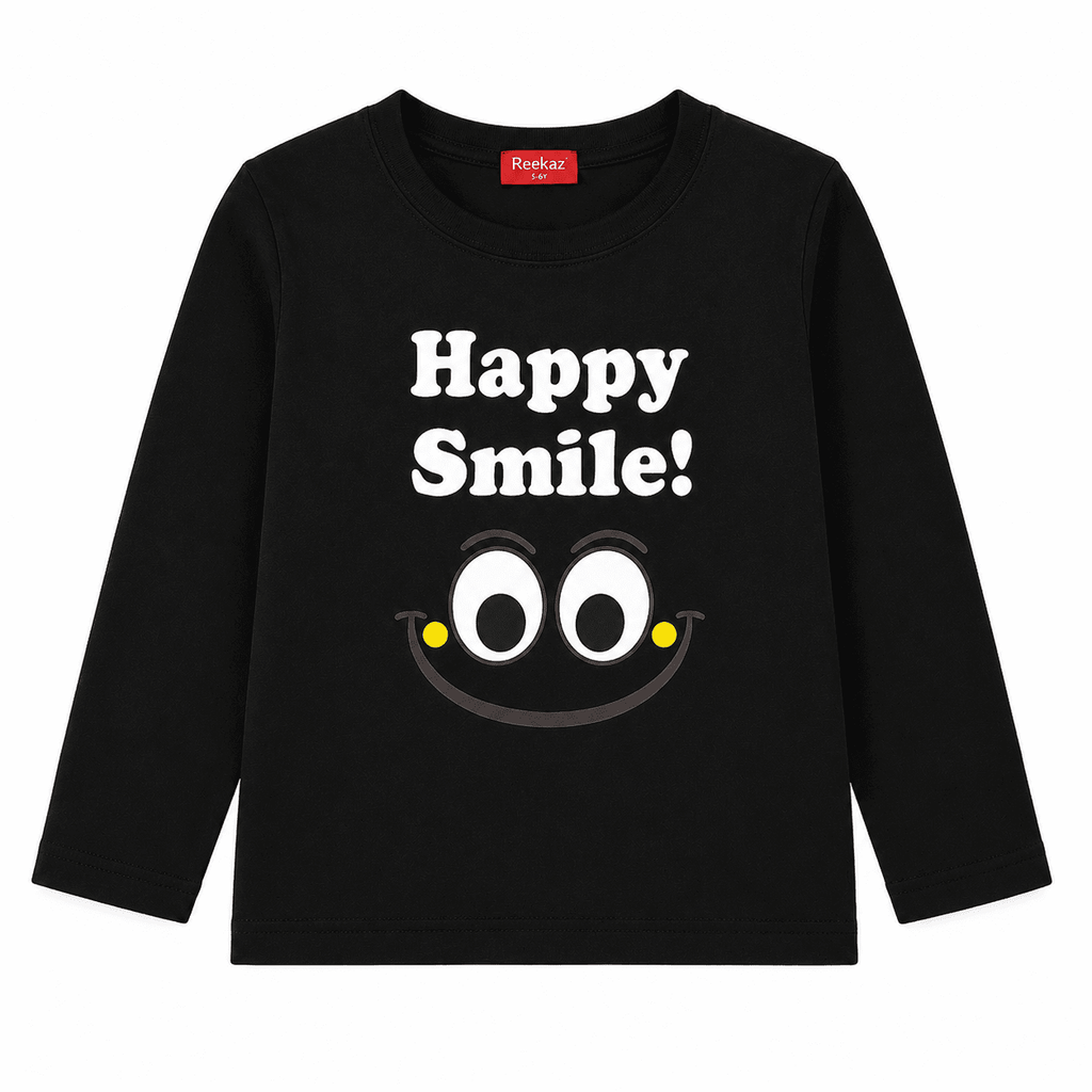 Reekaz Girls Black Happy Smile Long Sleeve Cotton T-Shirt
