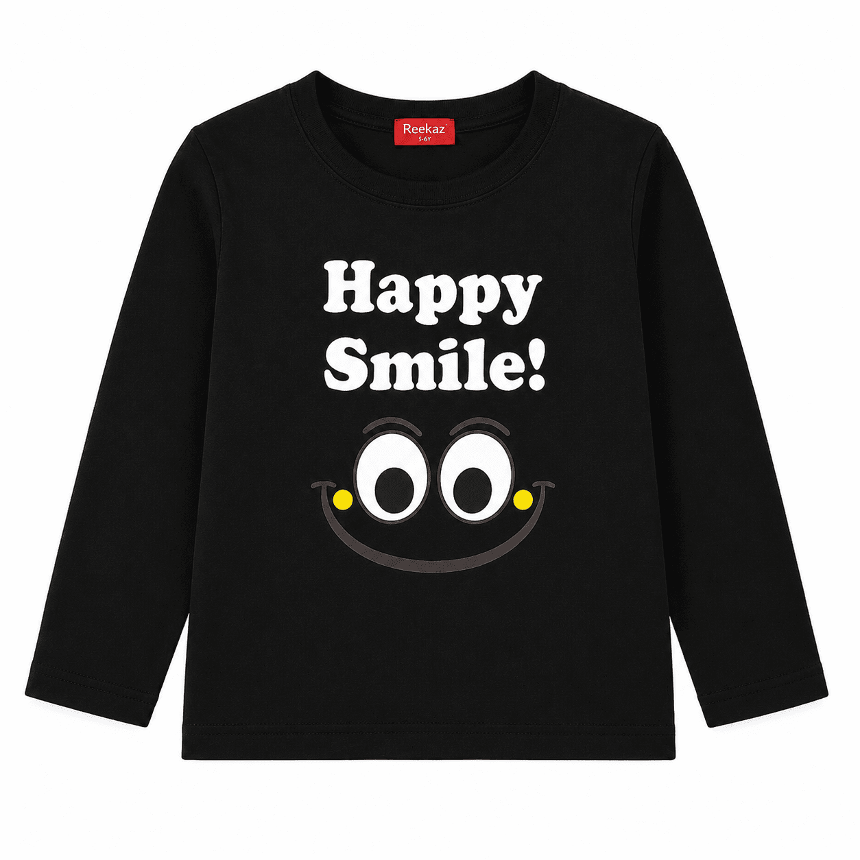 Reekaz Girls Black Happy Smile Long Sleeve Cotton T-Shirt