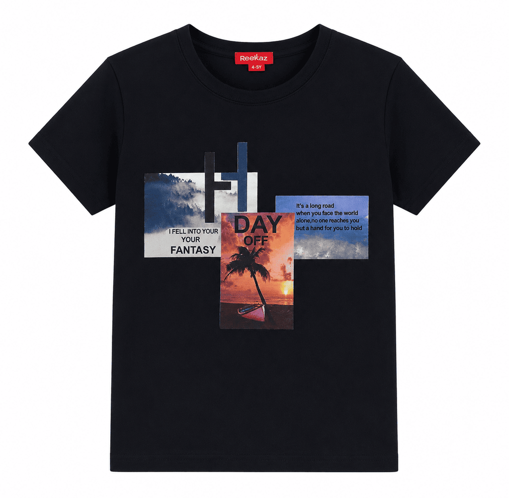Reekaz Girls "Day Off Fantasy" Graphic T-Shirt – Soft Cotton Crew Neck Casual Tee – Black