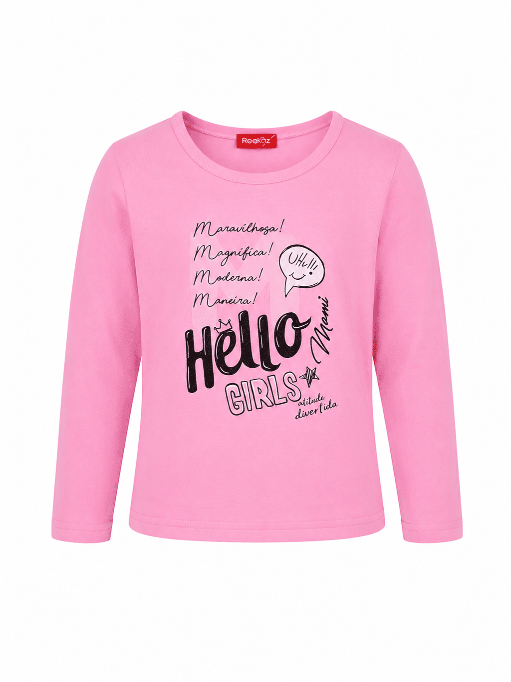 Reekaz Girls Long Sleeve Graphic T-Shirt – Hello Girls Print – Soft Cotton – Pink
