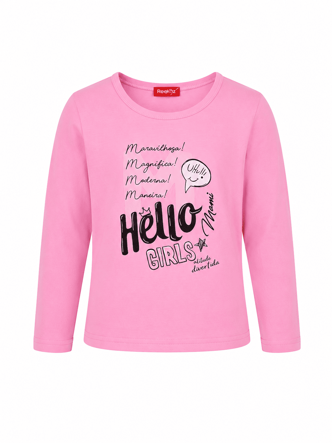 Reekaz Girls Long Sleeve Graphic T-Shirt – Hello Girls Print – Soft Cotton – Pink