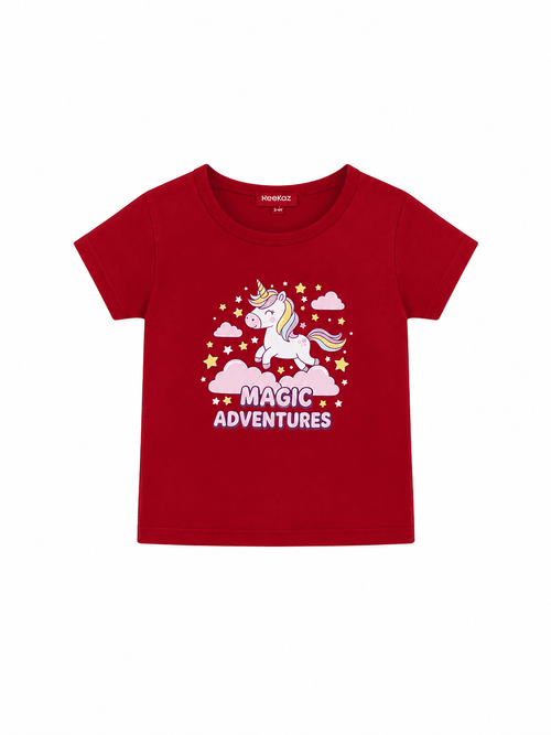Magic Adventures Unicorn Girls Red Cotton T-Shirt | Soft Kids Tee | Reekaz