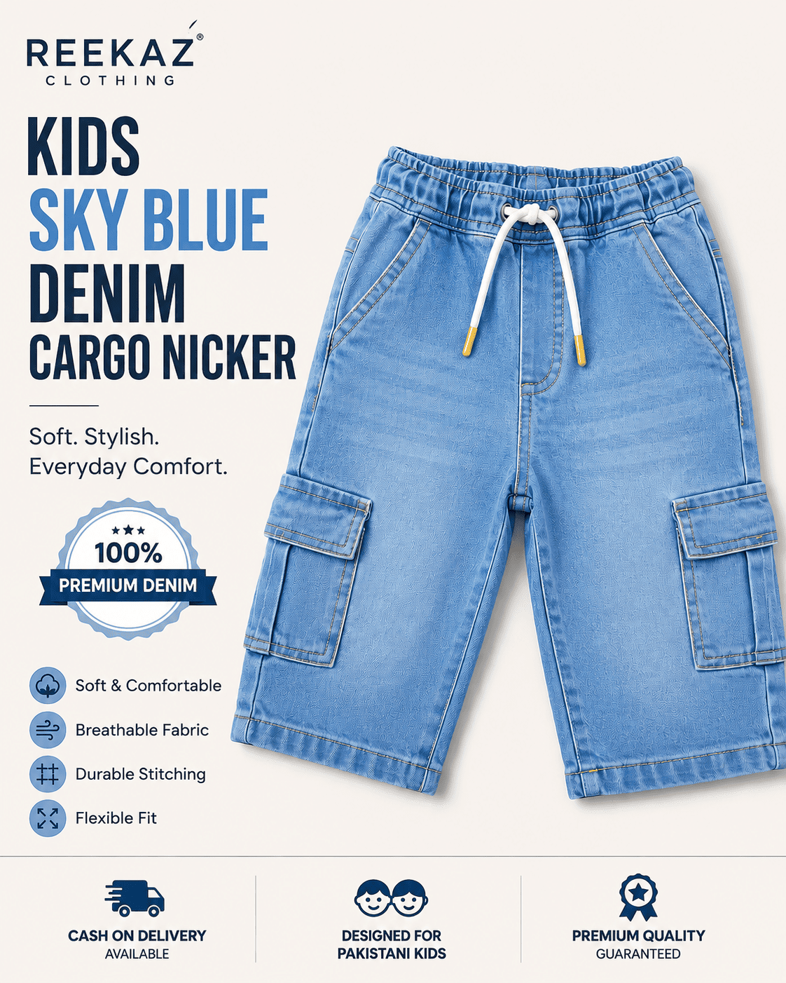Reekaz Kids Sky Blue Denim Cargo Nicker Shorts | Soft Stretch Waistband | Ages 2-9 Years