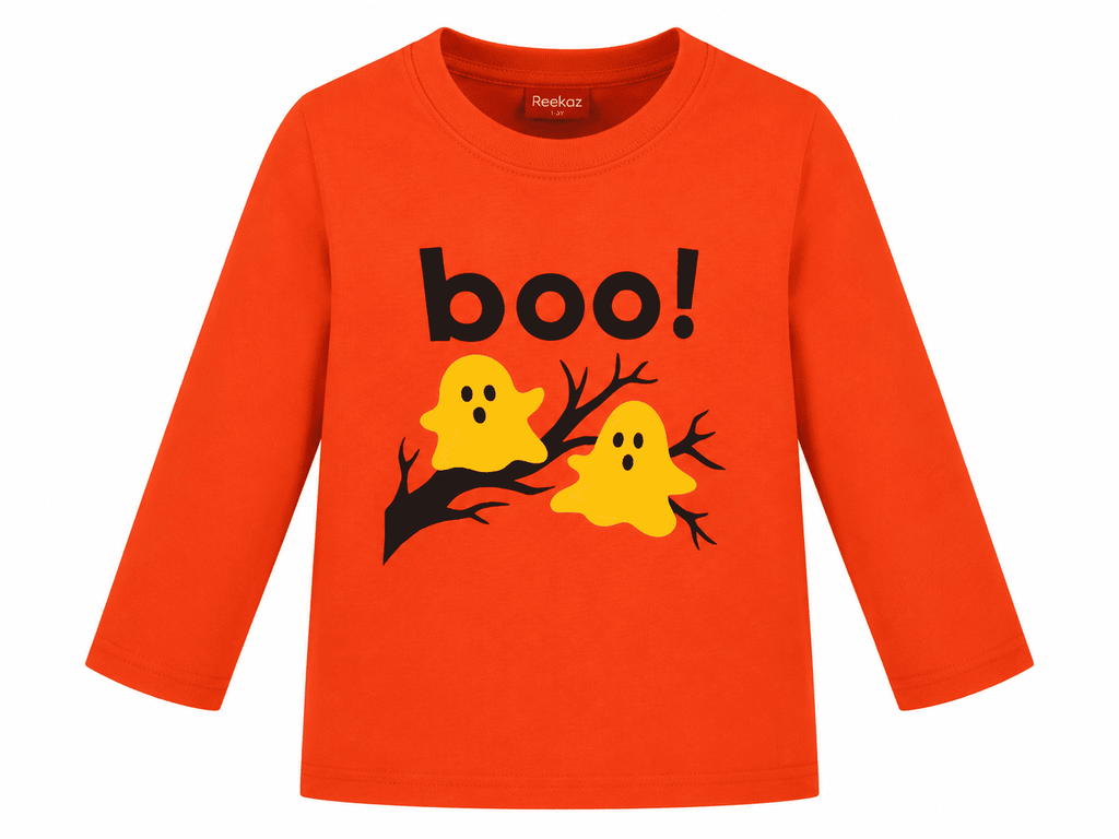 Reekaz Girls Peekaboo Boo! Printed Long Sleeve T-Shirt | Soft Cotton Kids Tee | Orange