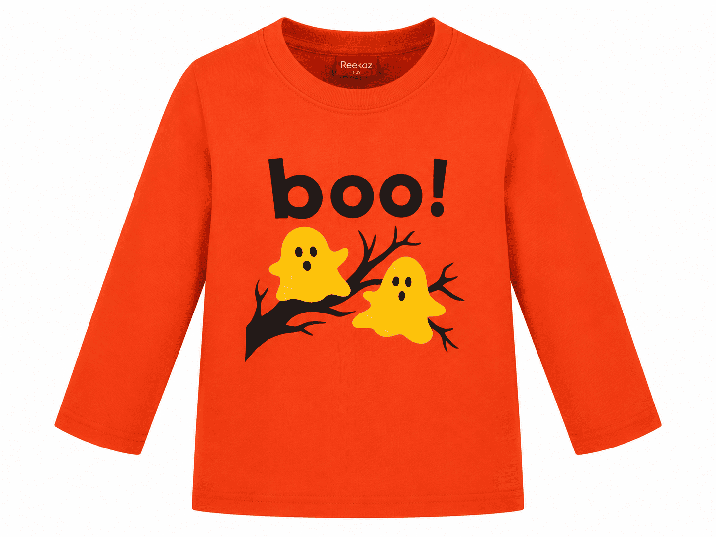 Reekaz Girls Peekaboo Boo! Printed Long Sleeve T-Shirt | Soft Cotton Kids Tee | Orange