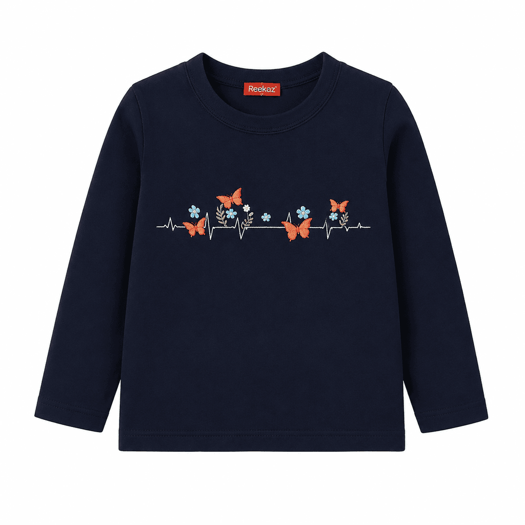 Reekaz Girls Navy Blue Butterfly Heartbeat Floral Long Sleeve T-Shirt | Soft Cotton Casual Top (1–12 Years)
