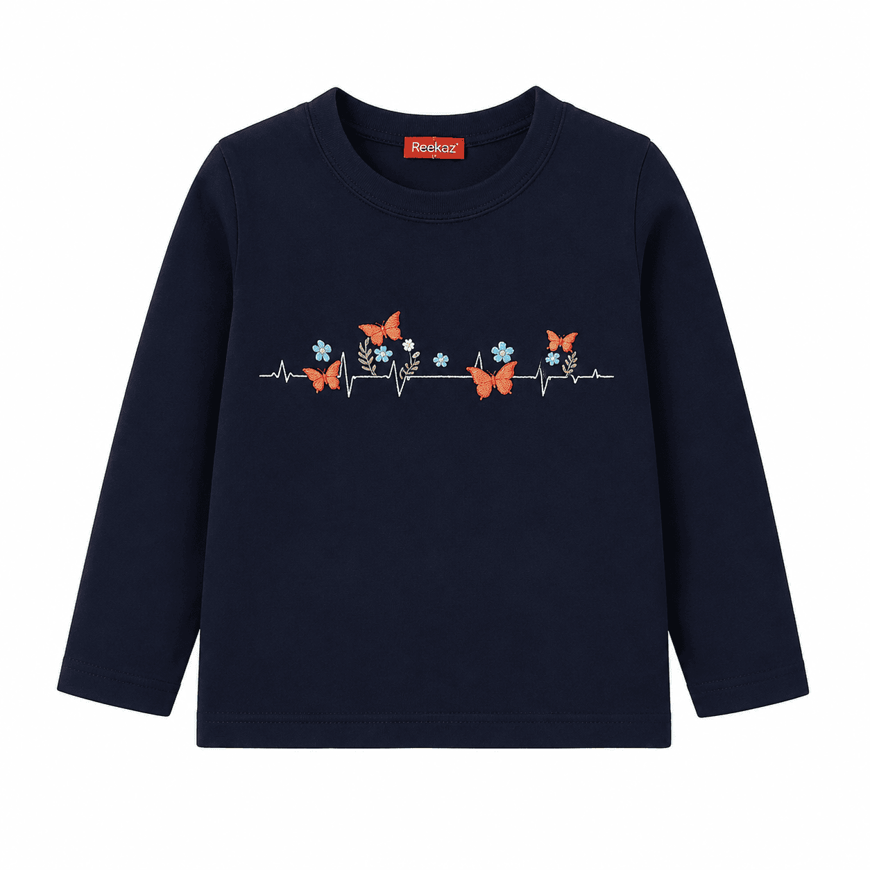 Reekaz Girls Navy Blue Butterfly Heartbeat Floral Long Sleeve T-Shirt | Soft Cotton Casual Top (1–12 Years)
