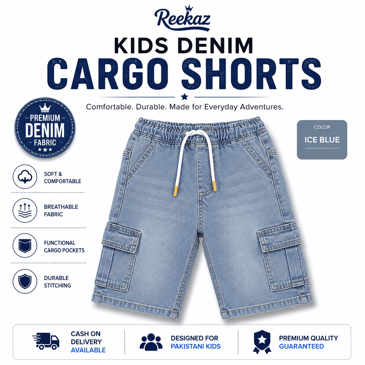 Reekaz Kids Denim Cargo Shorts – Ice Blue | Soft & Comfortable Summer Shorts for Boys