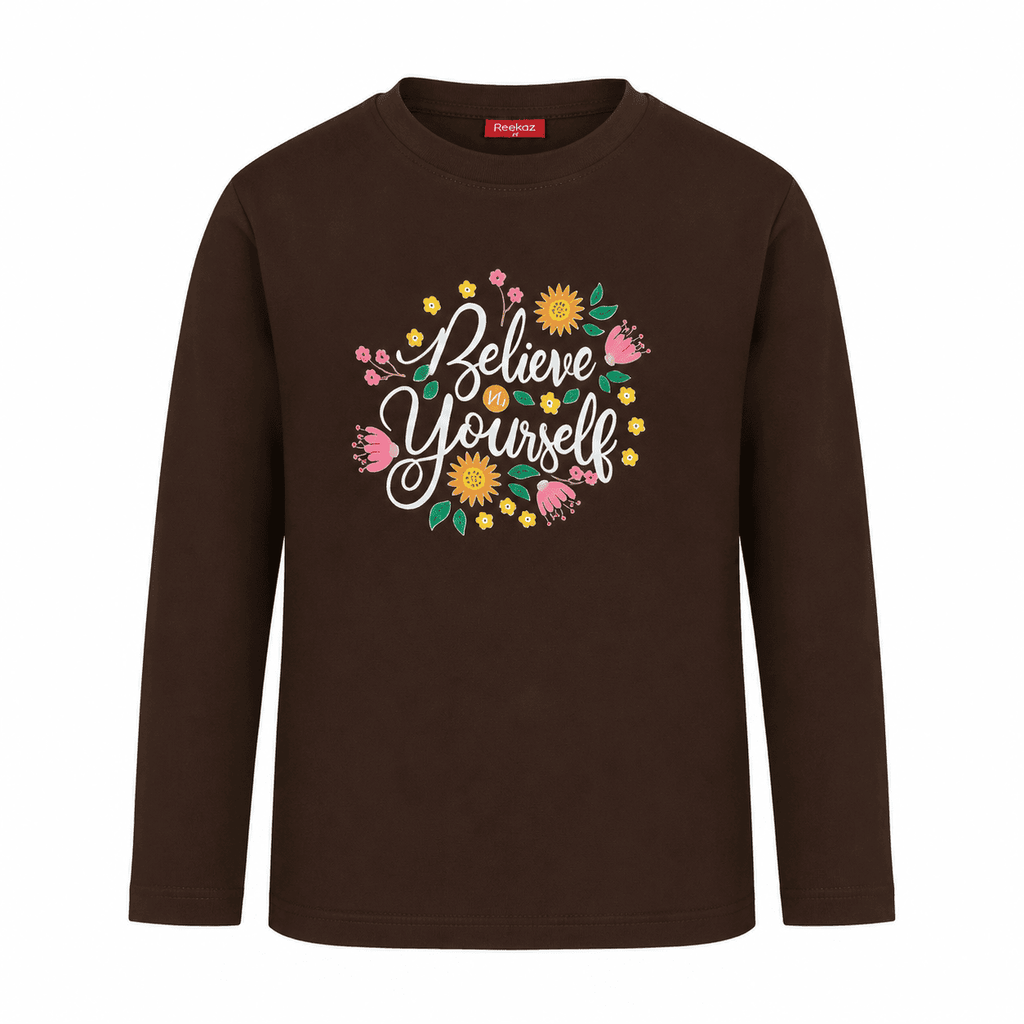 Reekaz Believe in Yourself Girls Long Sleeve T-Shirt | Brown Floral Graphic Cotton Tee
