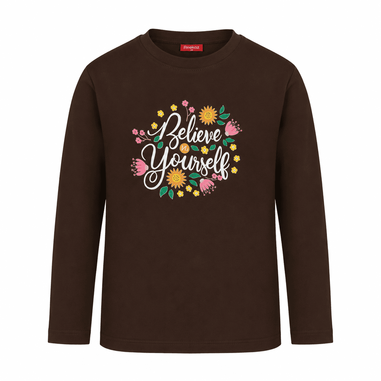 Reekaz Believe in Yourself Girls Long Sleeve T-Shirt | Brown Floral Graphic Cotton Tee