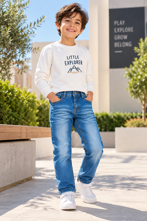 Boys Light Blue Washed Denim Jeans with Contrast Stitching