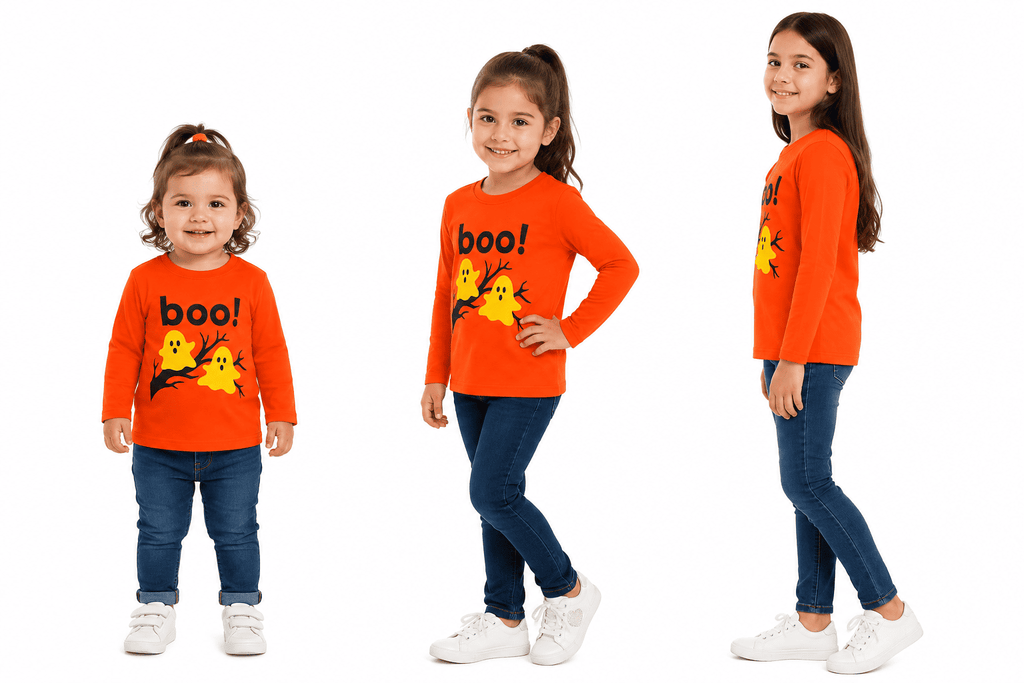 Reekaz Girls Peekaboo Boo! Printed Long Sleeve T-Shirt | Soft Cotton Kids Tee | Orange