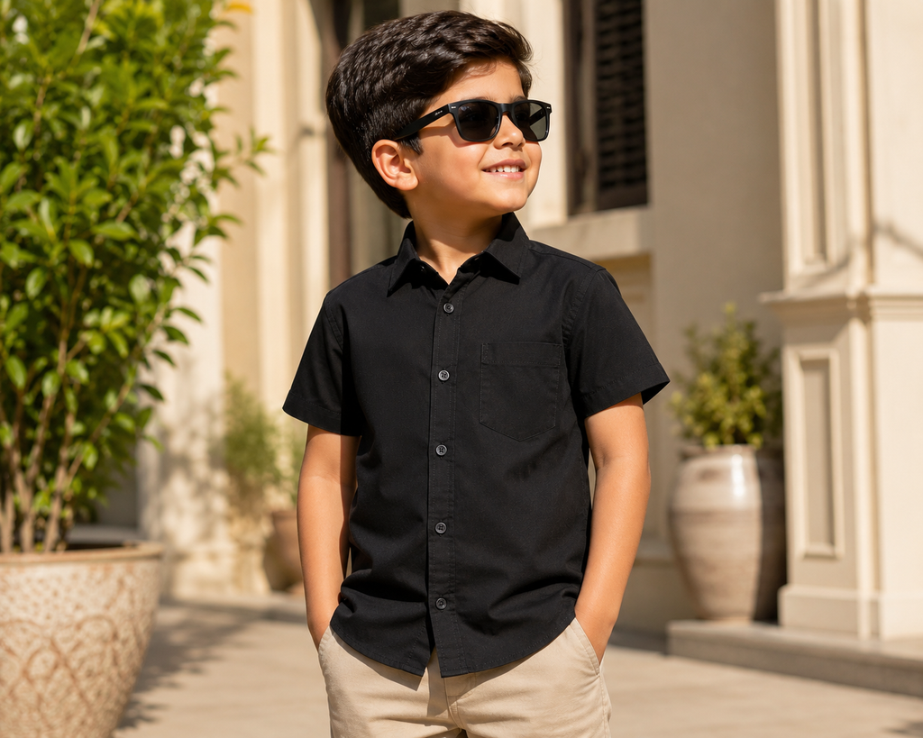 Reekaz Boys Black Short Sleeve Casual Button-Up Shirt | Smart Cotton Shirt for Kids (4–10 Years)