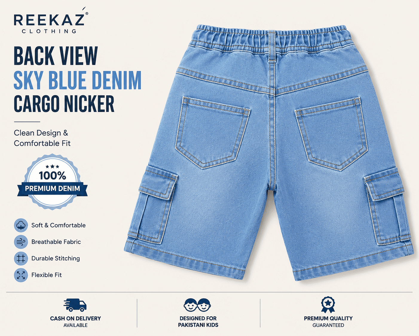 Reekaz Kids Sky Blue Denim Cargo Nicker Shorts | Soft Stretch Waistband | Ages 2-9 Years