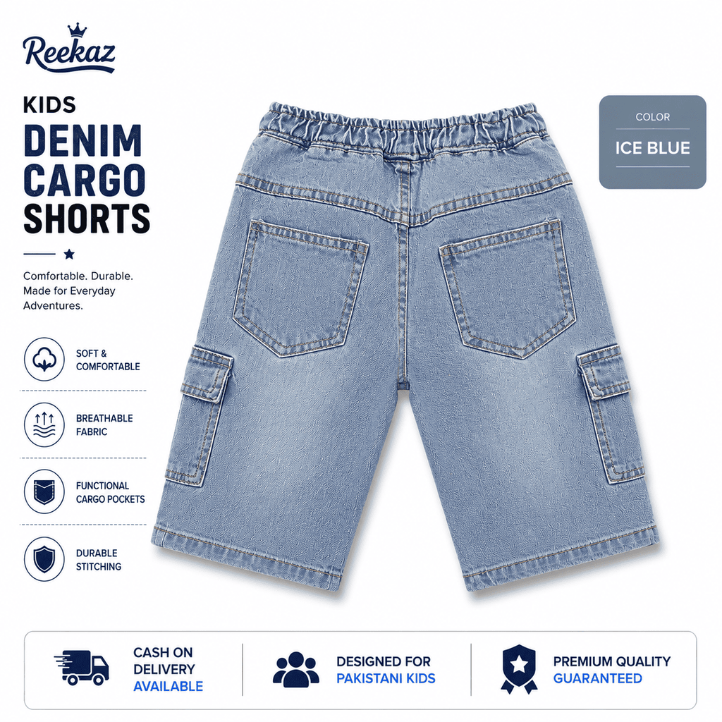 Reekaz Kids Denim Cargo Shorts – Ice Blue | Soft & Comfortable Summer Shorts for Boys