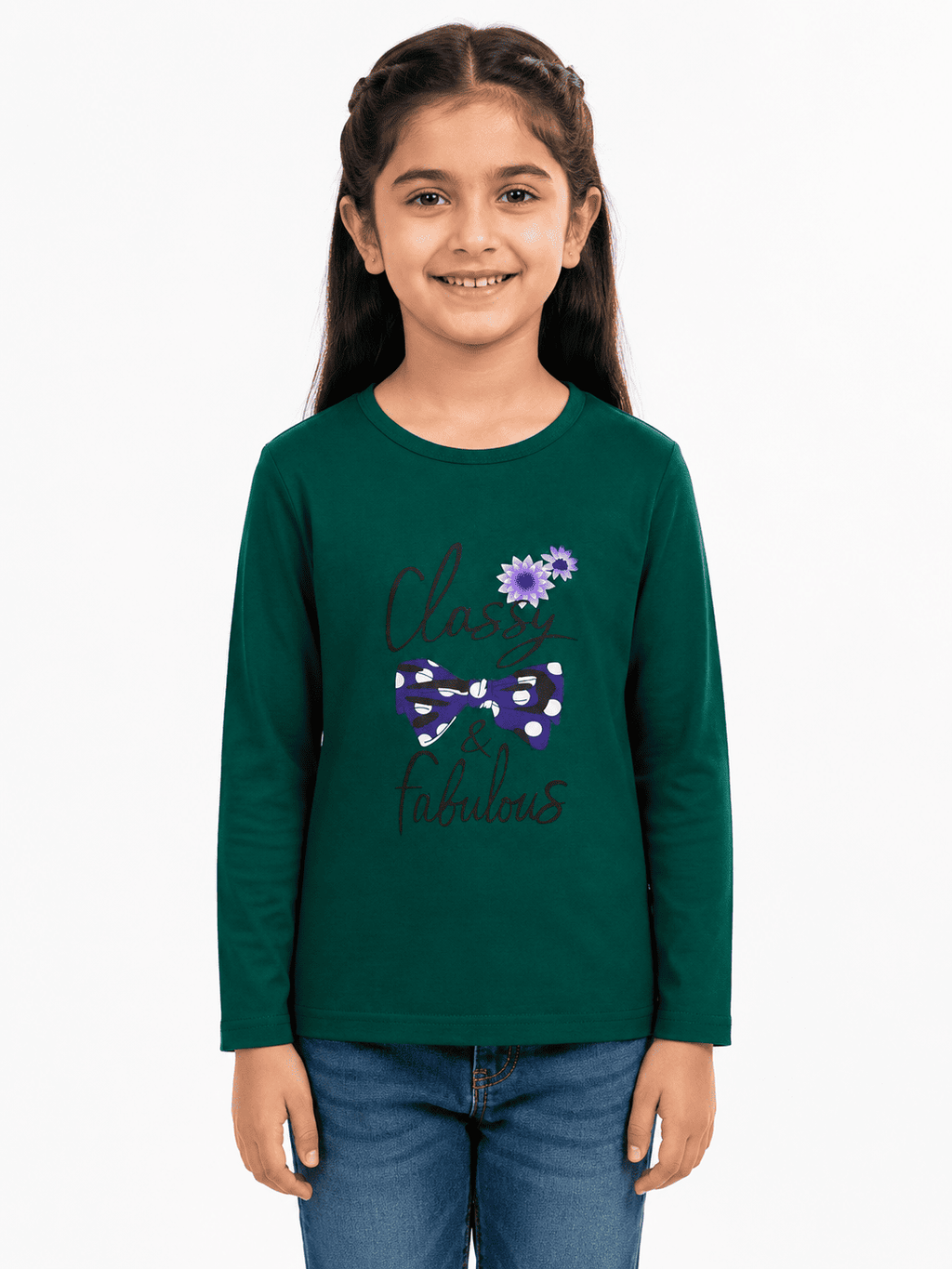 Reekaz Girls Dark Green Full Sleeve T-Shirt – Classy & Fabulous Graphic Cotton Tee