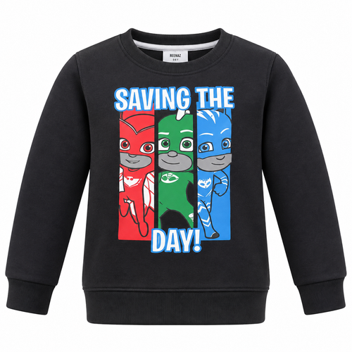Boys Black Saving The Day Superhero Printed Winter Sweatshirt
