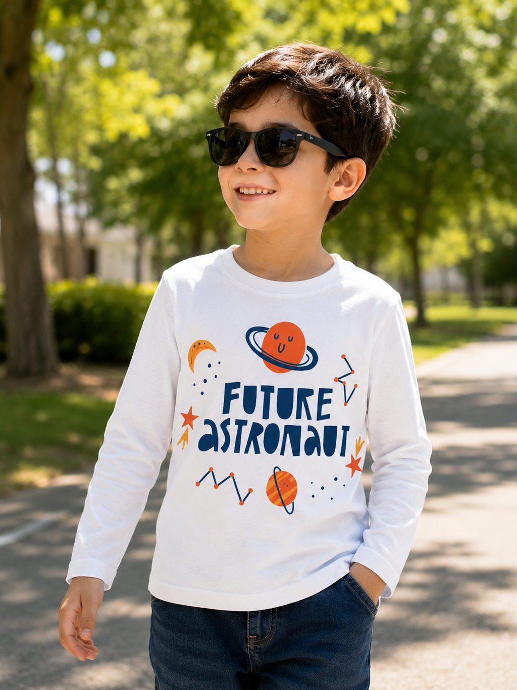 Boys Future Astronaut White Full Sleeve T-Shirt | Soft Cotton Graphic Tee | Reekaz