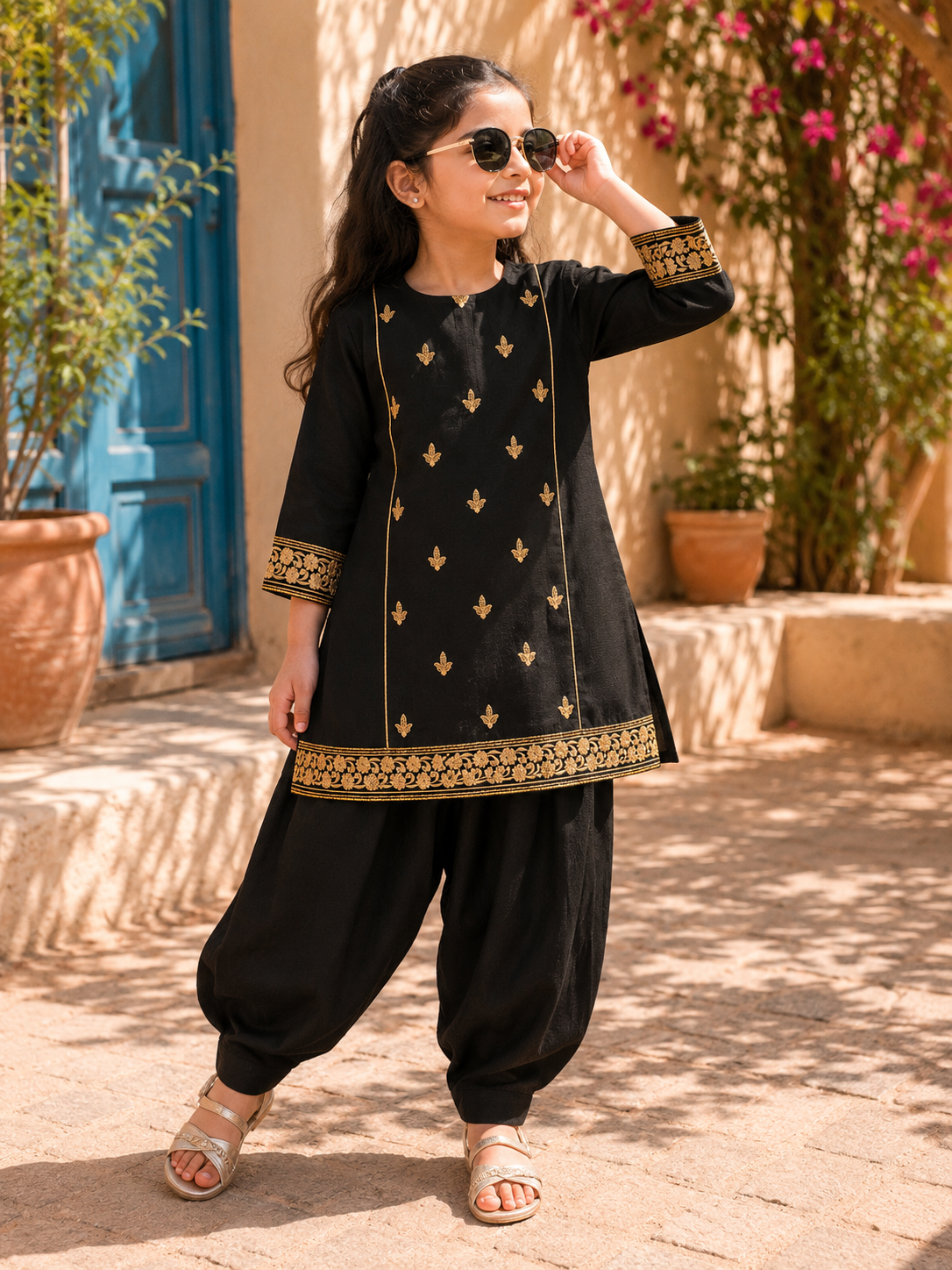 Girls Black Embroidered Kurta & Trouser Set – Traditional Pakistani Outfit