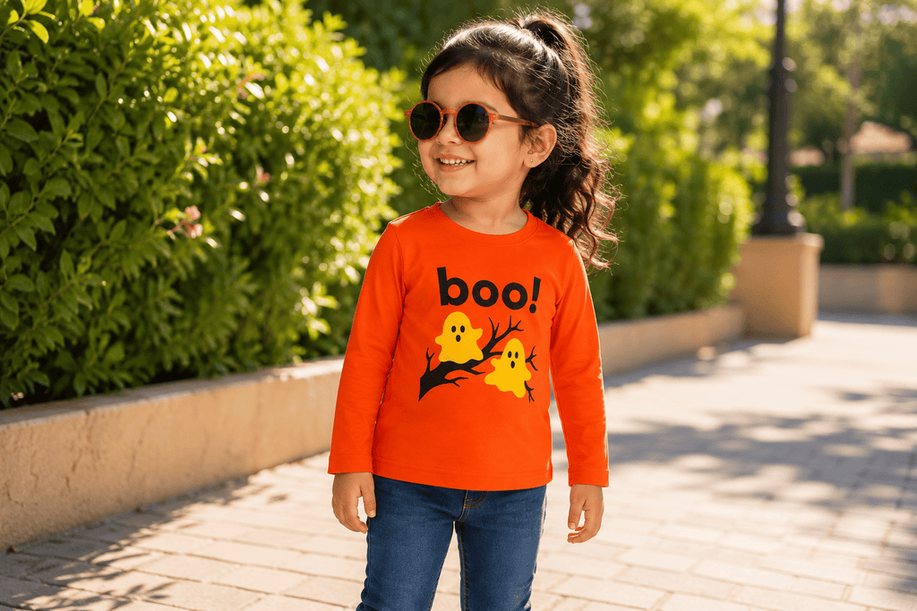 Reekaz Girls Peekaboo Boo! Printed Long Sleeve T-Shirt | Soft Cotton Kids Tee | Orange