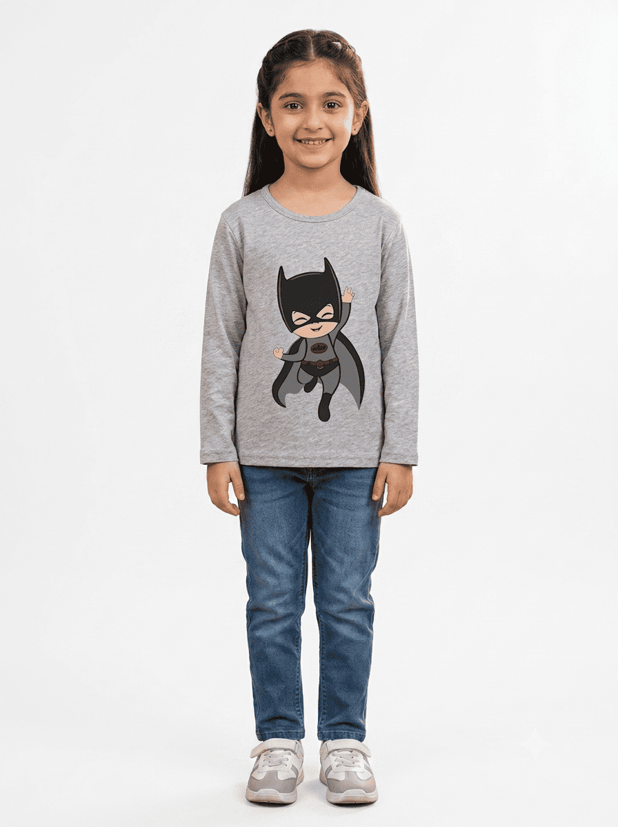 Reekaz Girls Grey Full Sleeve T-Shirt with Superhero Cartoon Print | Soft Cotton Kids Tee