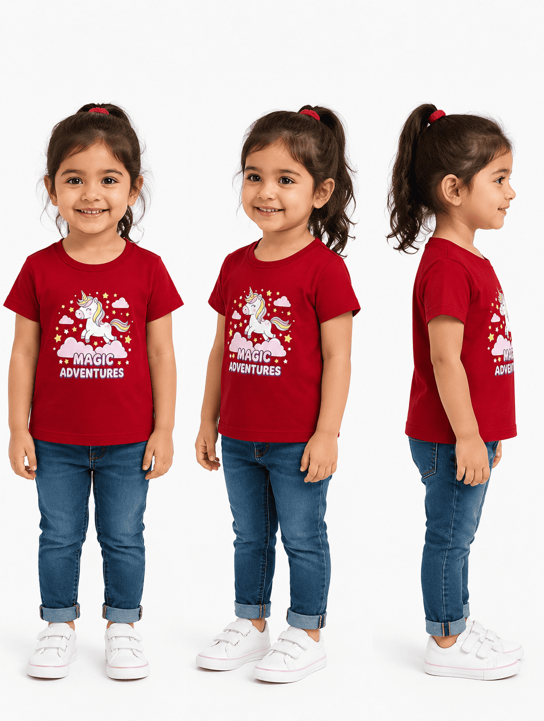 Magic Adventures Unicorn Girls Red Cotton T-Shirt | Soft Kids Tee | Reekaz