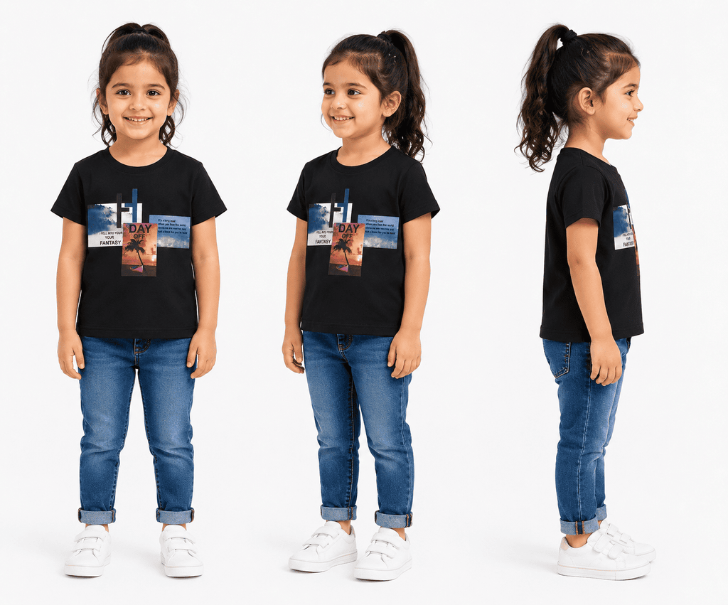 Reekaz Girls "Day Off Fantasy" Graphic T-Shirt – Soft Cotton Crew Neck Casual Tee – Black