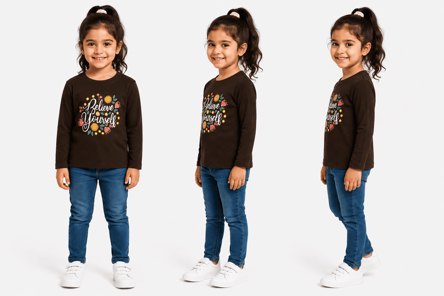 Reekaz Believe in Yourself Girls Long Sleeve T-Shirt | Brown Floral Graphic Cotton Tee