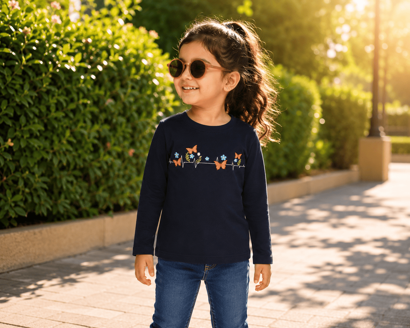 Reekaz Girls Navy Blue Butterfly Heartbeat Floral Long Sleeve T-Shirt | Soft Cotton Casual Top (1–12 Years)
