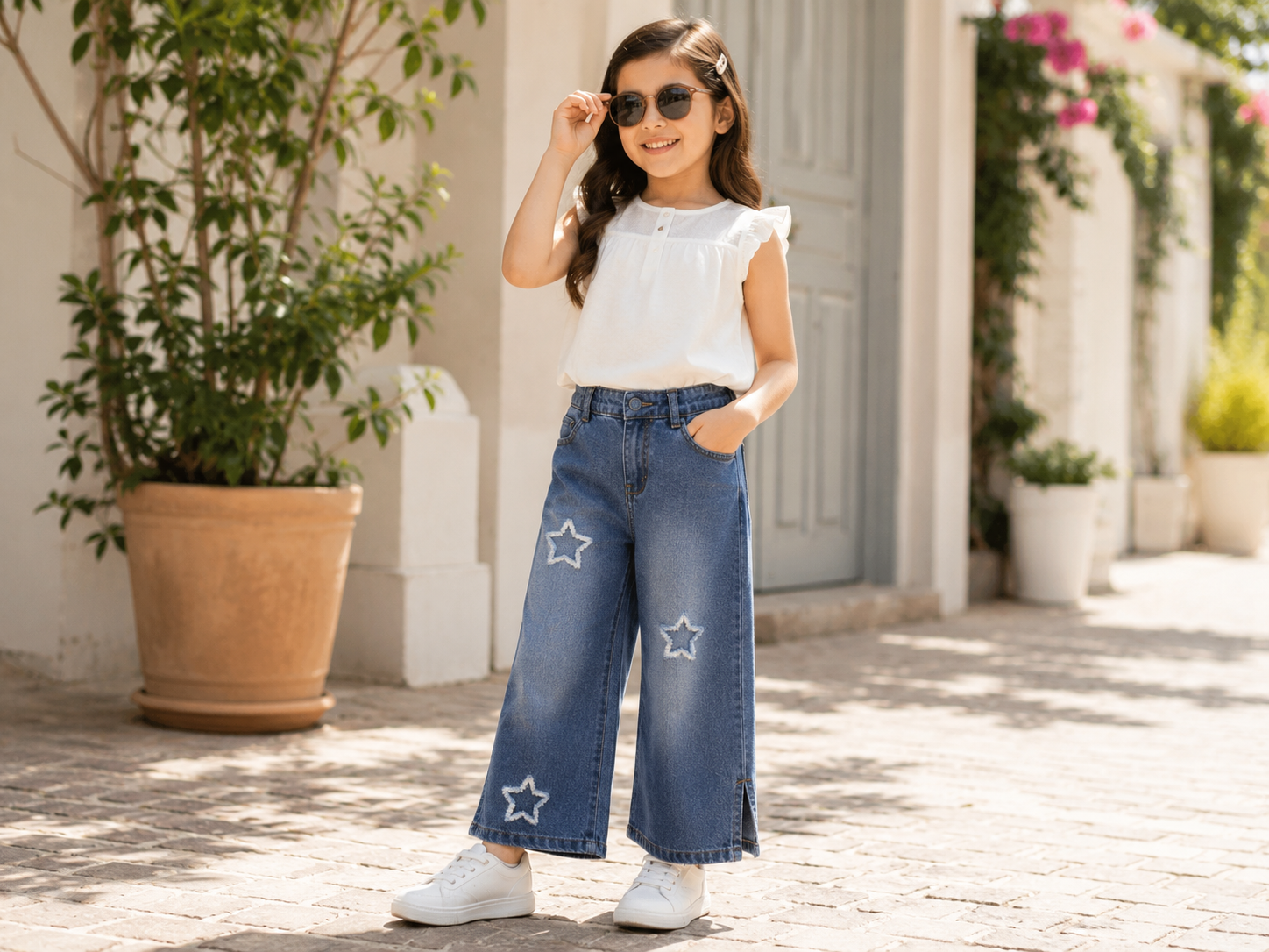 Girls Light Blue Wide Leg Denim Jeans with Distressed Star Patches | High Waist Wide Leg Pants | Ages 1-12 Years | Reekaz