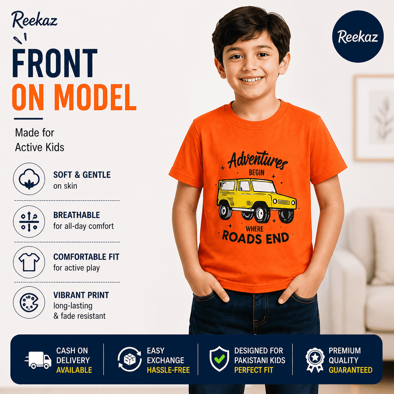 Reekaz Kids Adventure T-Shirt – Orange Cotton Graphic Tee, Soft & Breathable Daily Wear