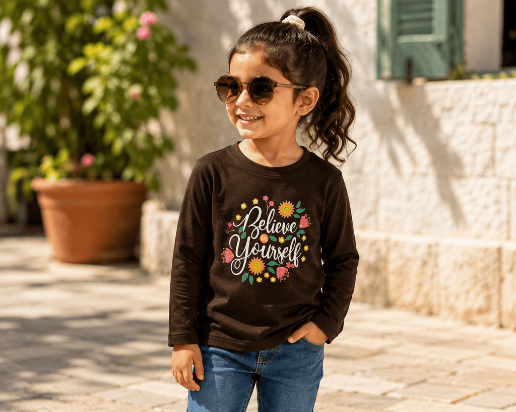 Reekaz Believe in Yourself Girls Long Sleeve T-Shirt | Brown Floral Graphic Cotton Tee