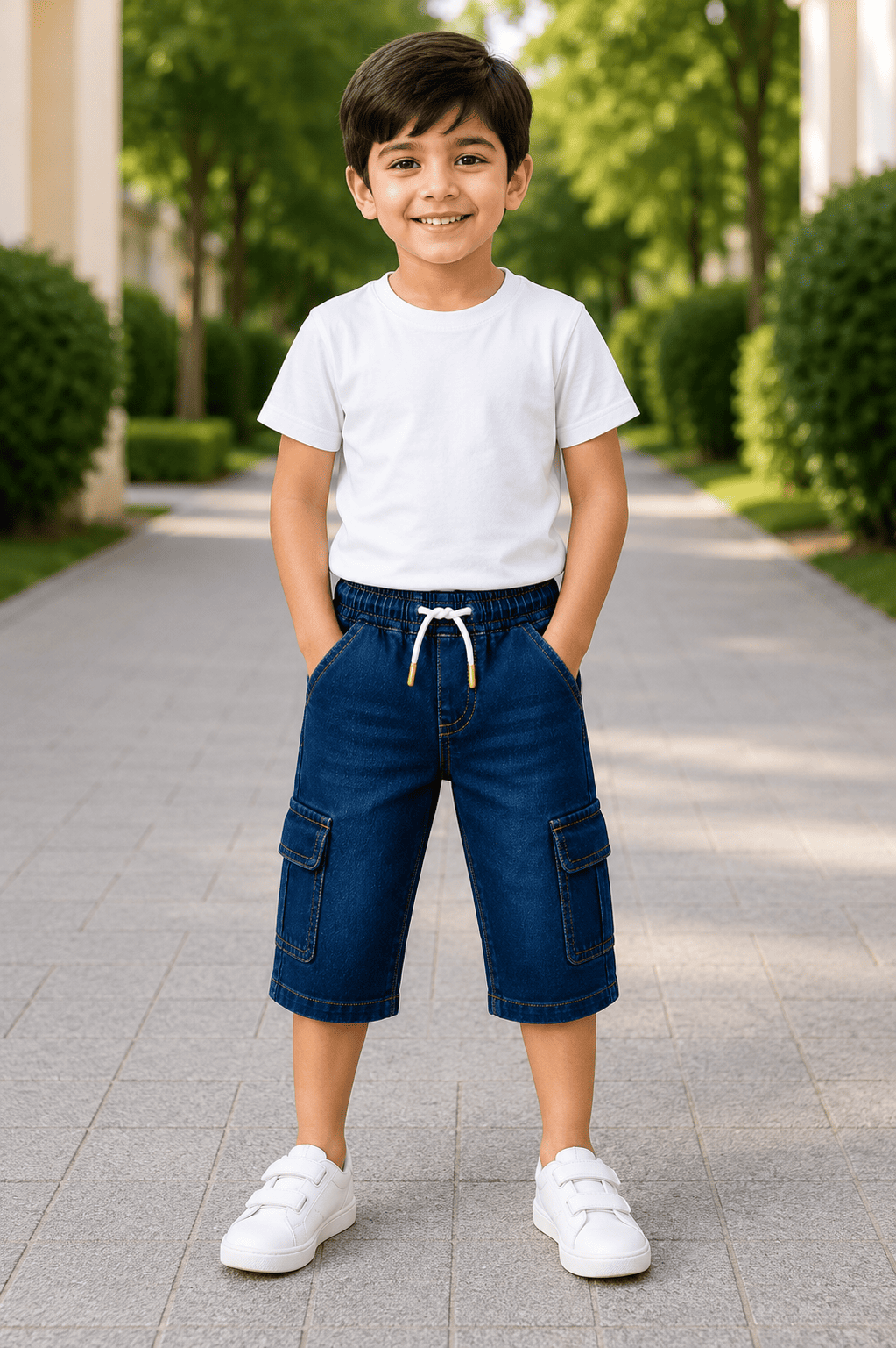Reekaz Kids Ink Blue Cargo Nicker Shorts – Premium Denim Summer Wear for Boys