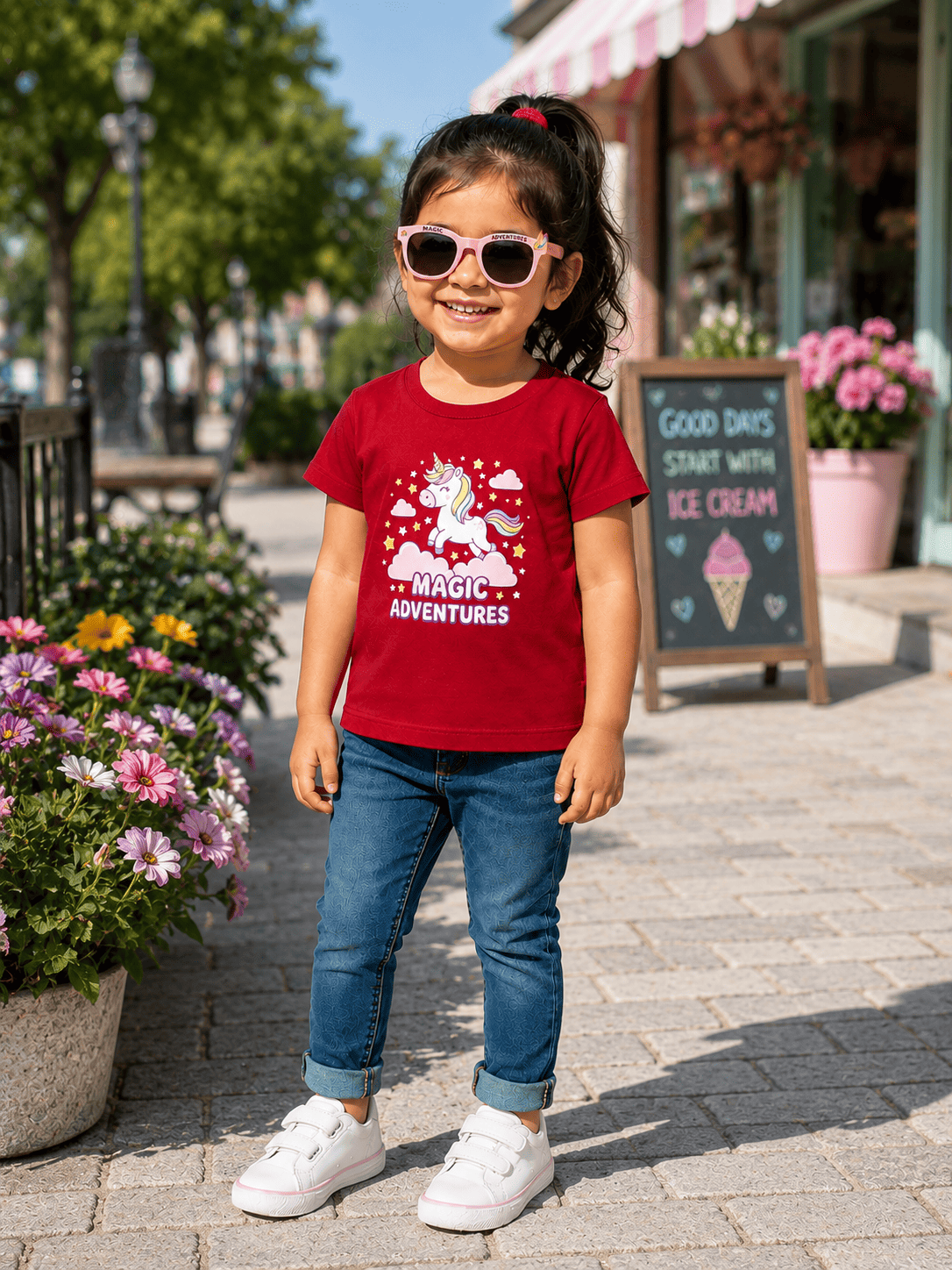 Magic Adventures Unicorn Girls Red Cotton T-Shirt | Soft Kids Tee | Reekaz