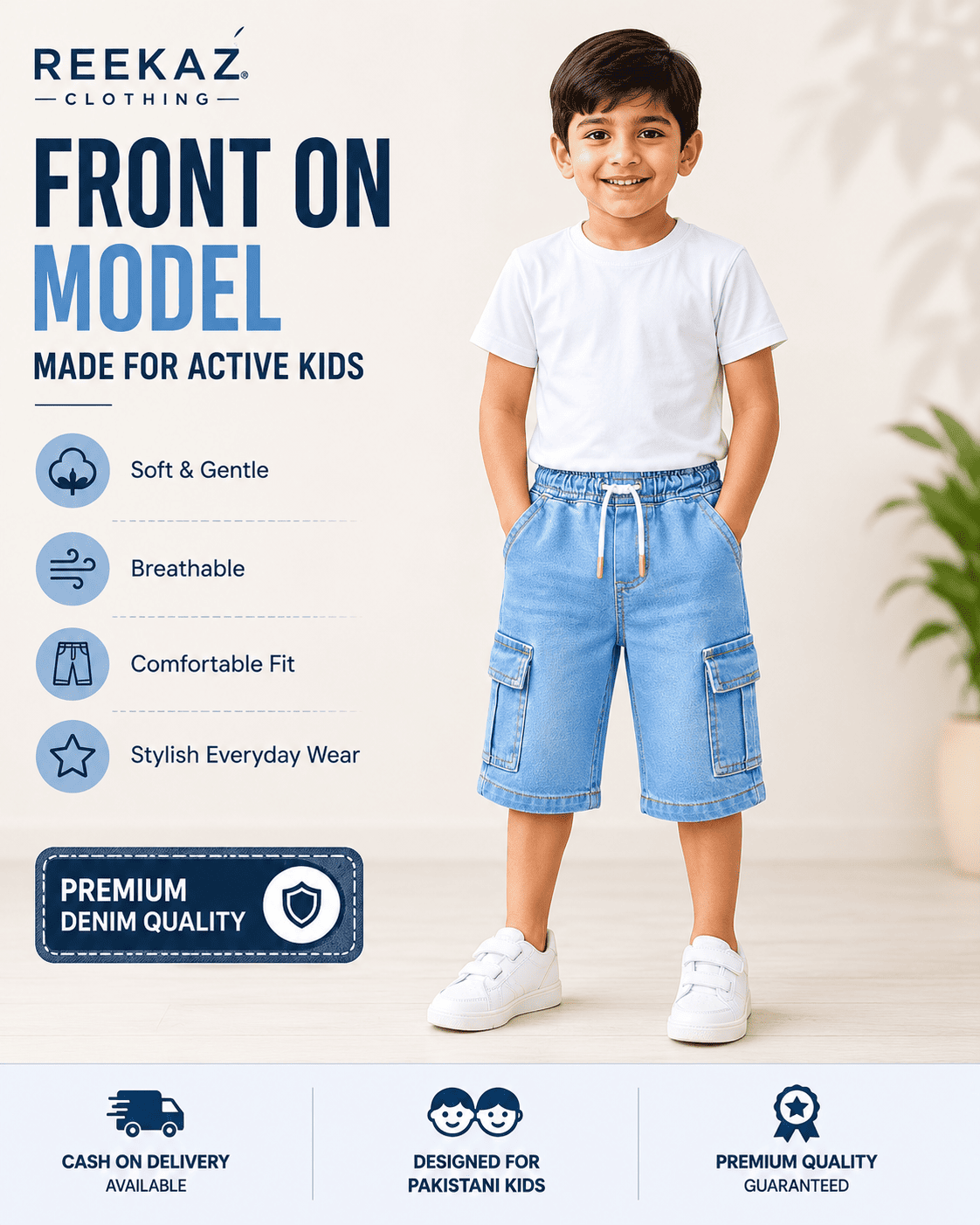 Reekaz Kids Sky Blue Denim Cargo Nicker Shorts | Soft Stretch Waistband | Ages 2-9 Years
