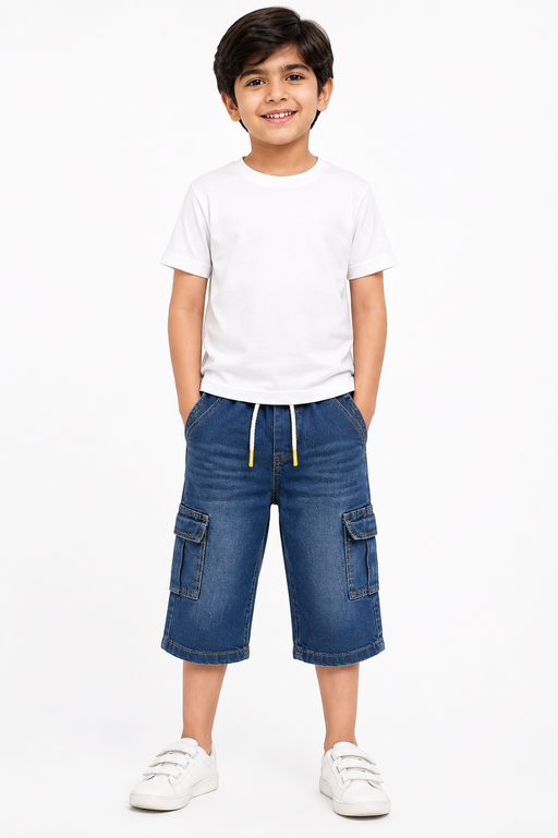 Reekaz Kids Denim Cargo Shorts – Dark Blue | Premium Soft Denim
