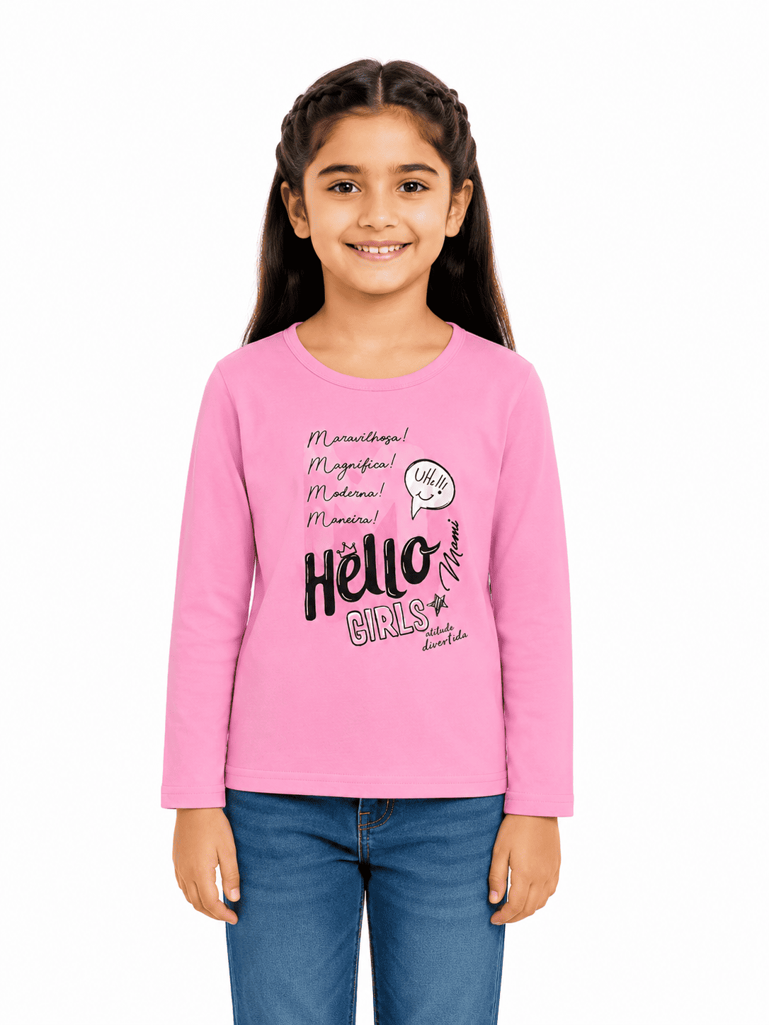 Reekaz Girls Long Sleeve Graphic T-Shirt – Hello Girls Print – Soft Cotton – Pink