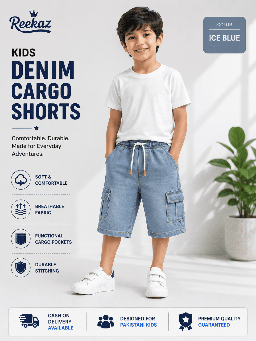 Reekaz Kids Denim Cargo Shorts – Ice Blue | Soft & Comfortable Summer Shorts for Boys