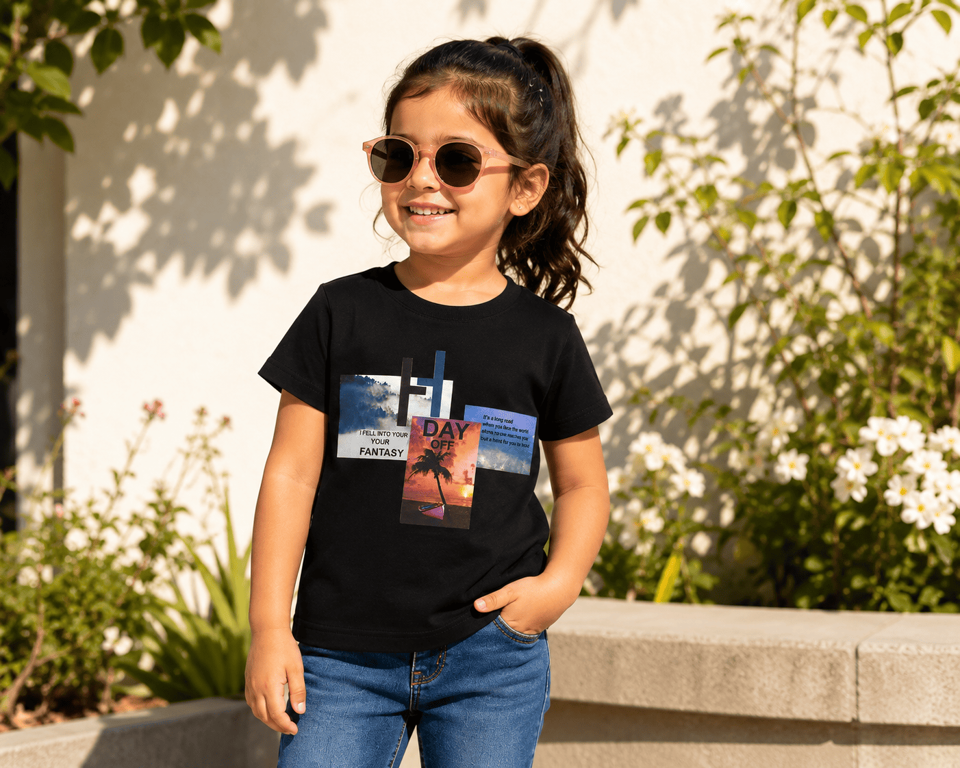 Reekaz Girls "Day Off Fantasy" Graphic T-Shirt – Soft Cotton Crew Neck Casual Tee – Black