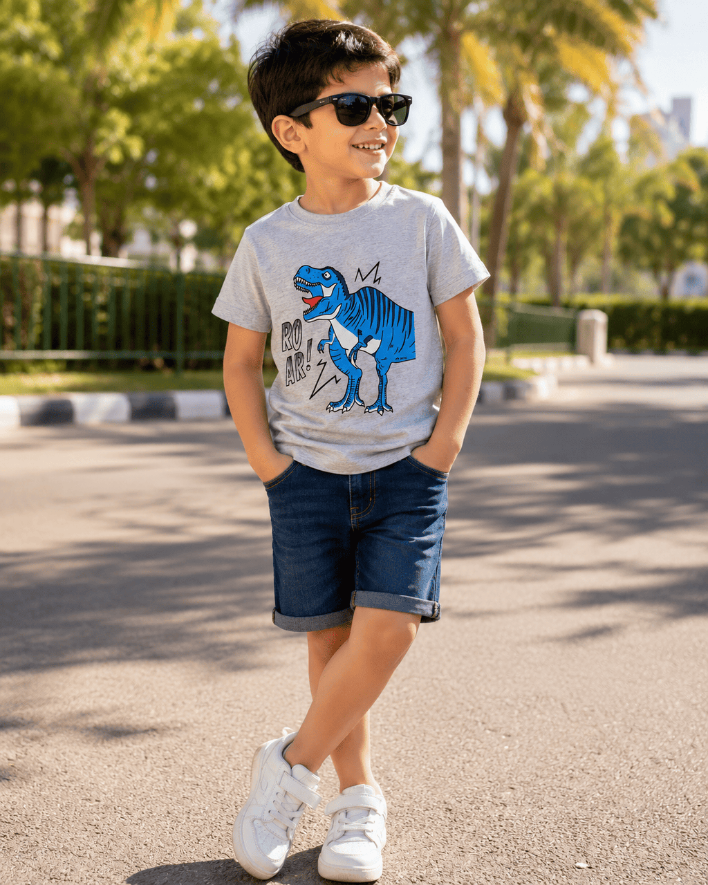 Reekaz Boys Grey Dinosaur T-Shirt | Roar Graphic Cotton Half Sleeve Tee | Kids Casual Summer Shirt (1-12 Years)