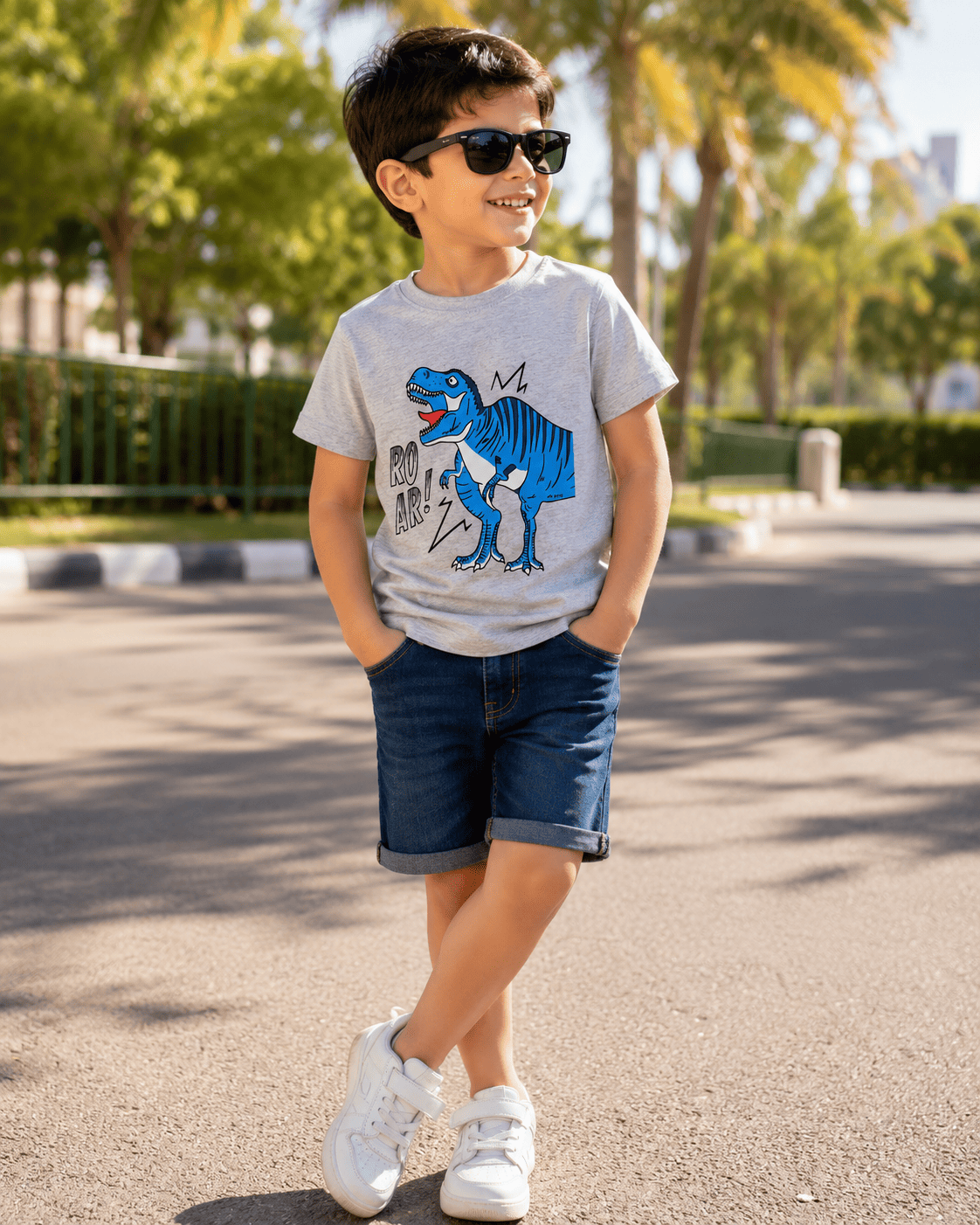 Reekaz Boys Grey Dinosaur T-Shirt | Roar Graphic Cotton Half Sleeve Tee | Kids Casual Summer Shirt (1-12 Years)