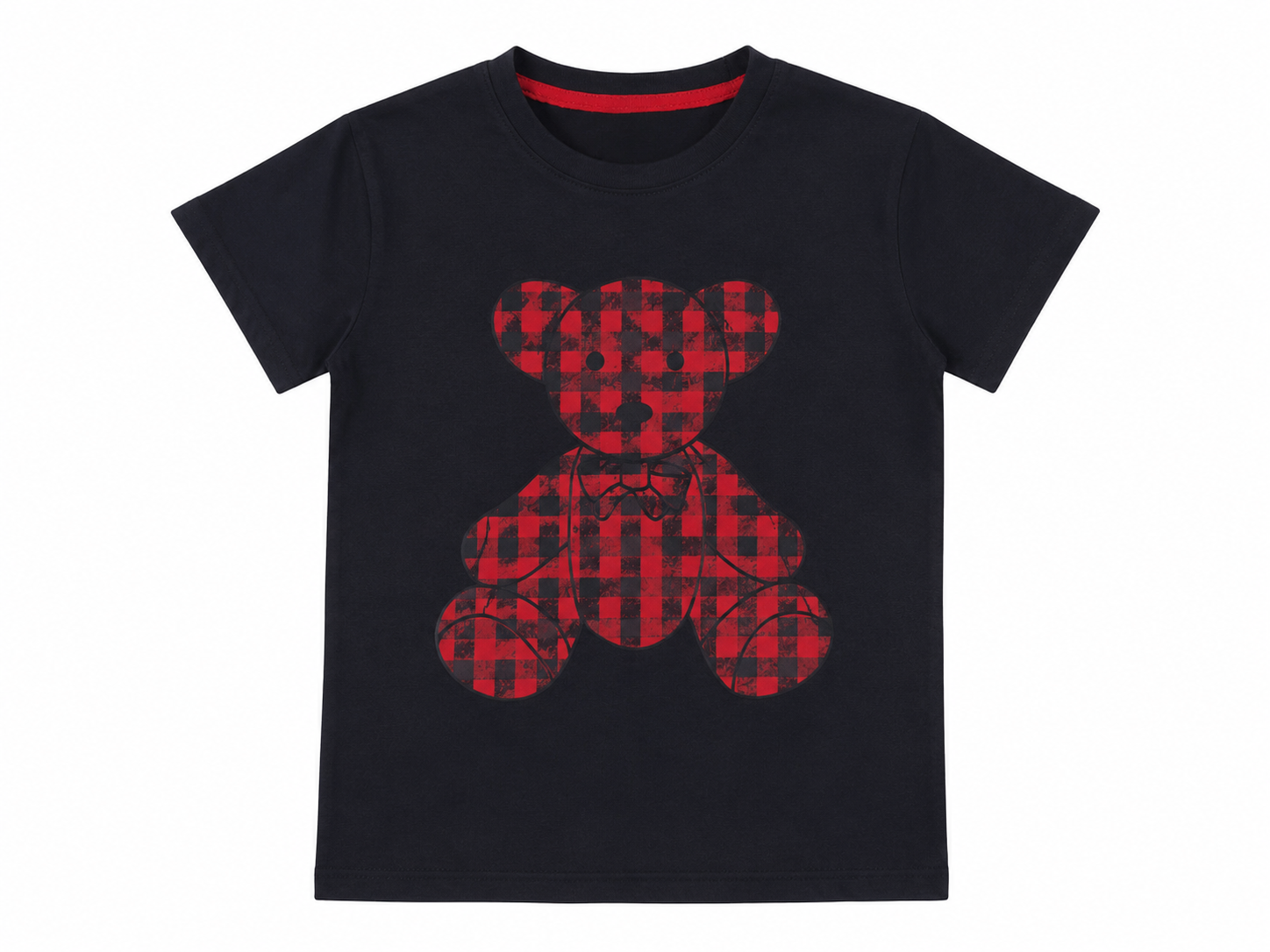 Reekaz Boys Teddy Bear T-Shirt & Plaid Shorts Summer Co-Ord Set – Black & Red Cotton Outfit