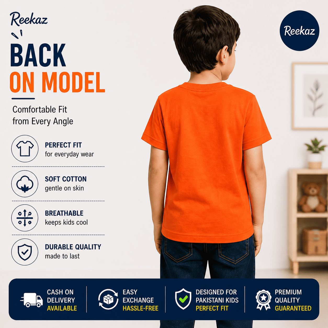 Reekaz Kids Adventure T-Shirt – Orange Cotton Graphic Tee, Soft & Breathable Daily Wear